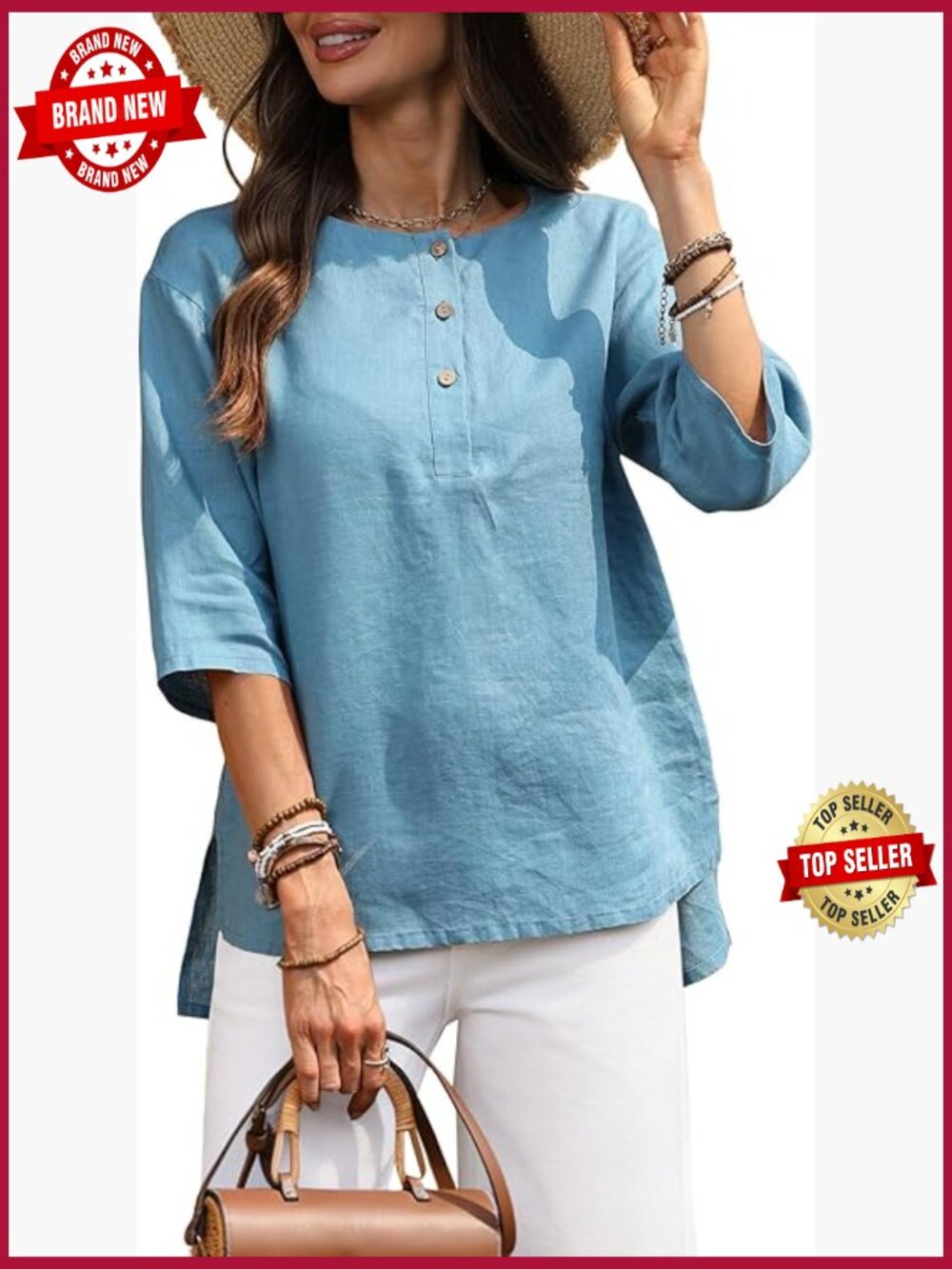 100% Linen 3/4 Sleeve Henley Neck Tunic Top